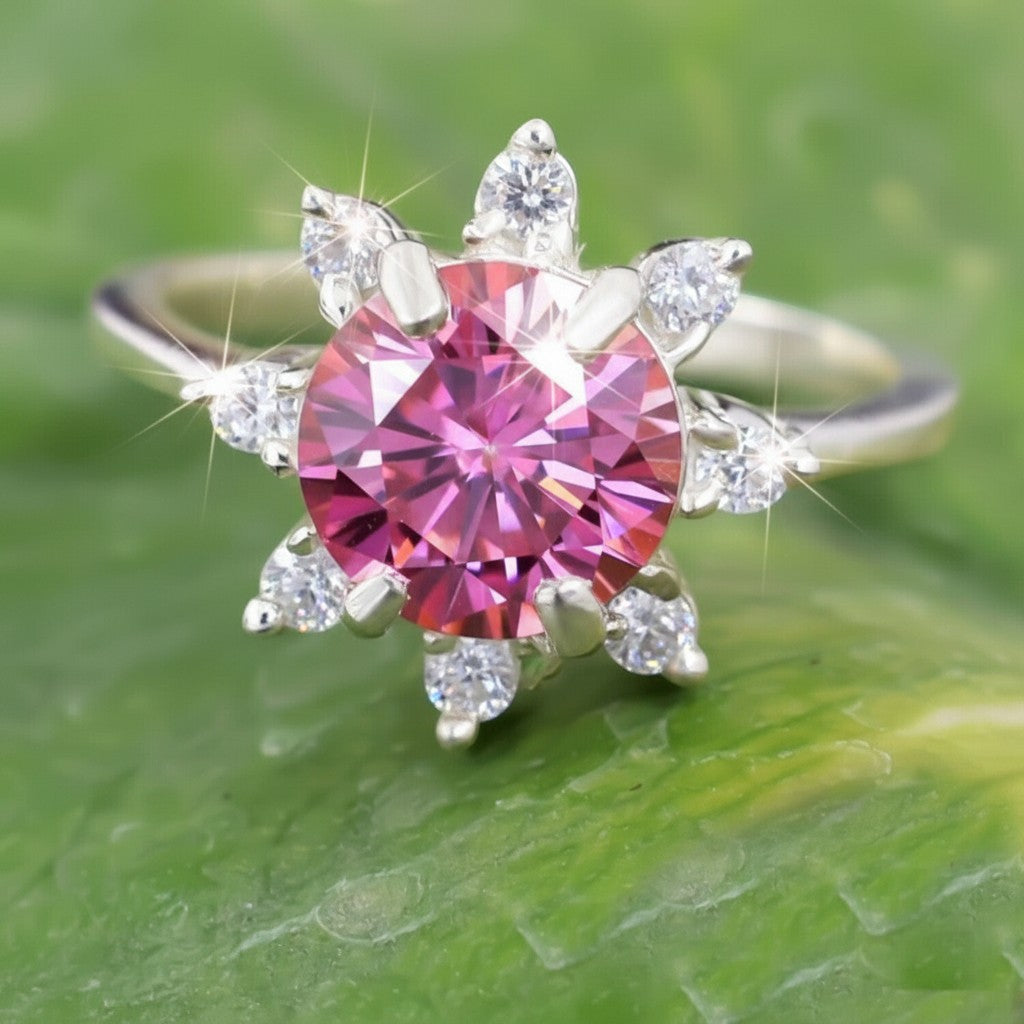 GEMHUB 2.5ct round pink moissanite solitaire ring with small accent stones, 18K gold plated over sterling silver.