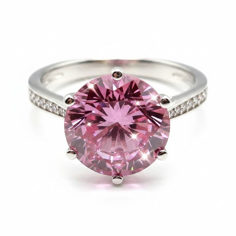 GEMHUB 2.55ct pink moissanite solitaire ring in 18K gold plated sterling silver with pavé band.