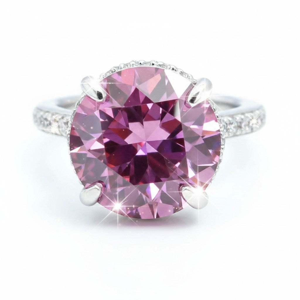 GEMHUB 4ct round pink moissanite solitaire ring with pave band, 18K gold plated vermeil over sterling silver.