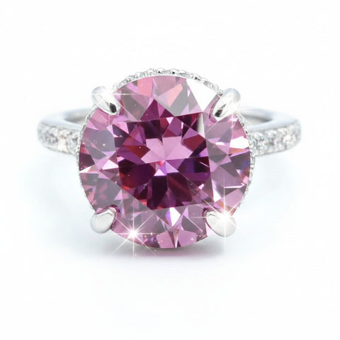 GEMHUB 4ct round pink moissanite solitaire ring with pave band, 18K gold plated vermeil over sterling silver.
