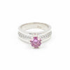 GEMHUB 18K gold plated vermeil ring with a 1.35ct round pink moissanite center stone and pav0e9 set accent stones.