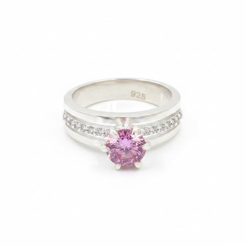 GEMHUB 18K gold plated vermeil ring with a 1.35ct round pink moissanite center stone and pav0e9 set accent stones.