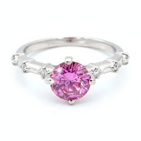 GEMHUB 1.3ct pink moissanite solitaire ring in 18K gold plated vermeil over sterling silver with accent stones.