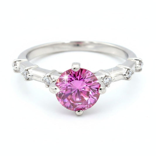 GEMHUB 1.3ct pink moissanite solitaire ring in 18K gold plated vermeil over sterling silver with accent stones.