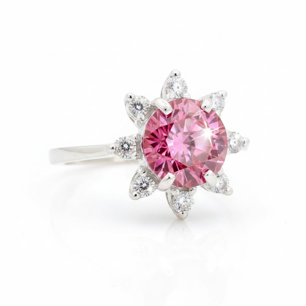 GEMHUB 2.5ct pink moissanite solitaire ring with surrounding white accent stones, set in 18K gold plated vermeil.
