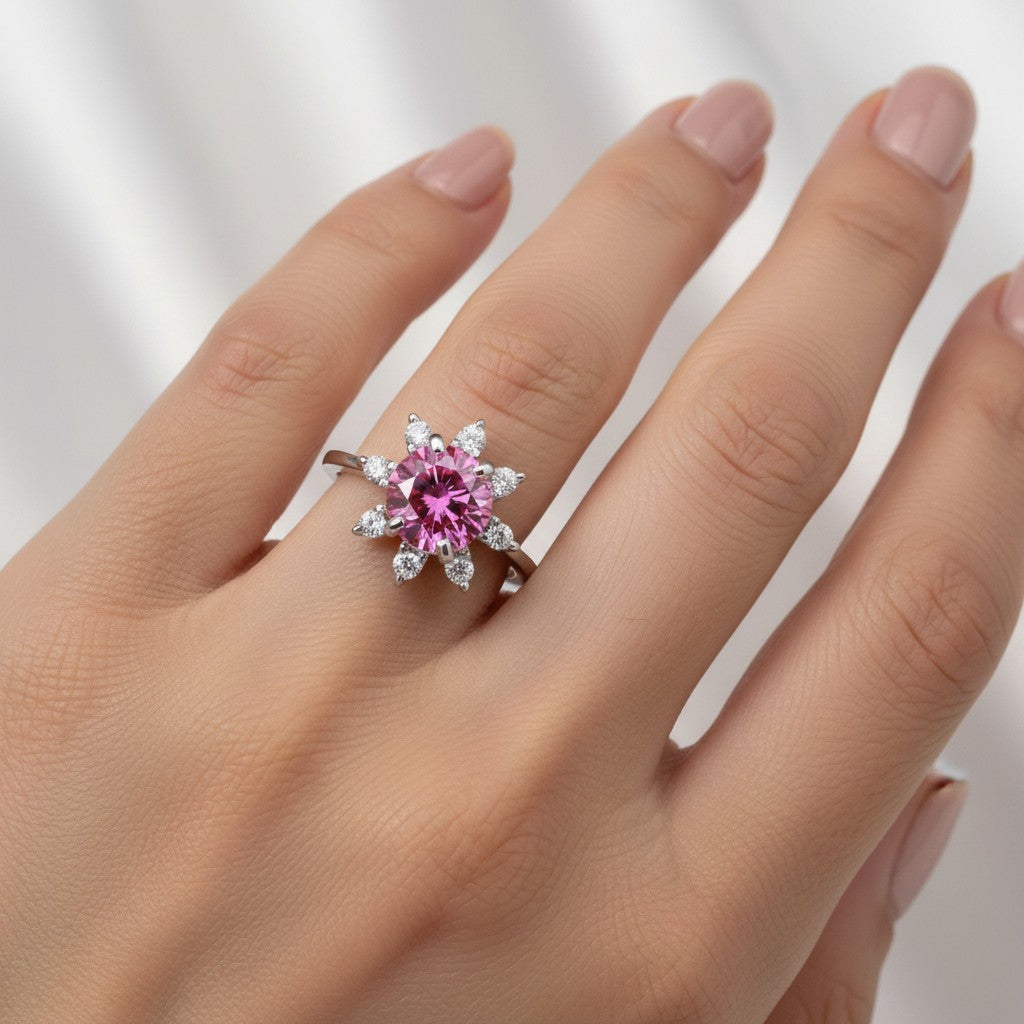 GEMHUB 2.5ct pink moissanite solitaire ring with surrounding white accent stones in 18K gold plated vermeil.