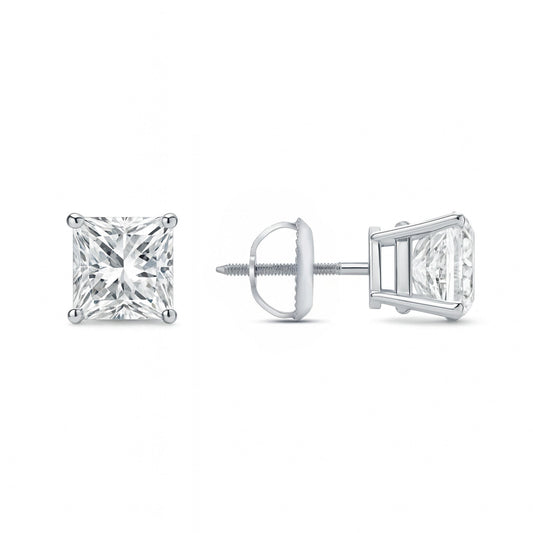 GEMHUB 3 Ct Princess cut lab-created diamond stud earrings in 14K white gold with screw backs.