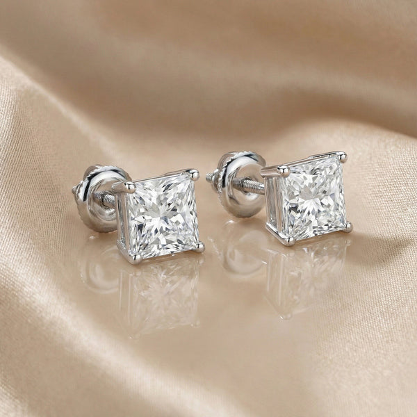 GEMHUB 1 Ct Princess cut lab-created diamond stud earrings in 14K white gold with screw backs.