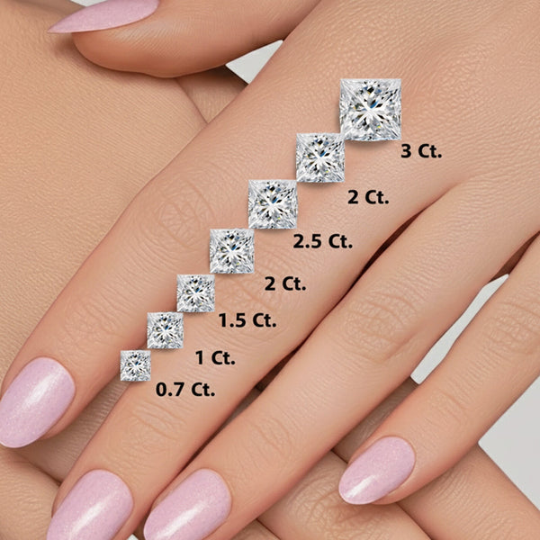 GEMHUB Princess cut lab-created diamonds shown in various carat sizes on a hand. 950 Platinum.