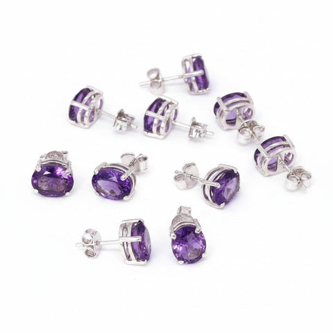 GEMHUB 5 pairs of oval-cut purple amethyst stud earrings in 925 sterling silver.
