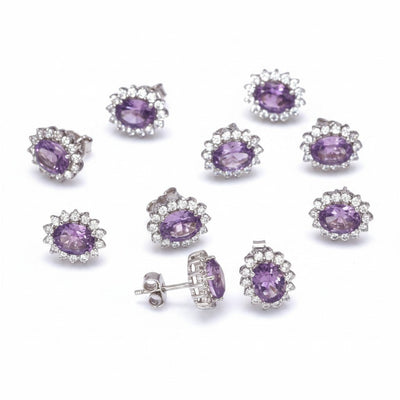 Genuine Purple Amethyst Stud Earrings Set 5 Pairs | 925 Sterling Silver | Gift for Her