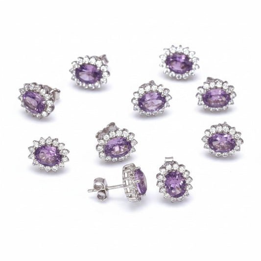 GEMHUB 5 pairs of oval purple amethyst stud earrings with halo of small white stones in 925 sterling silver.