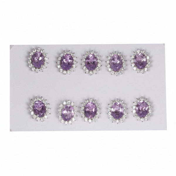 GEMHUB 5 pairs of oval purple amethyst stud earrings with halo of small white stones, set in 925 sterling silver.