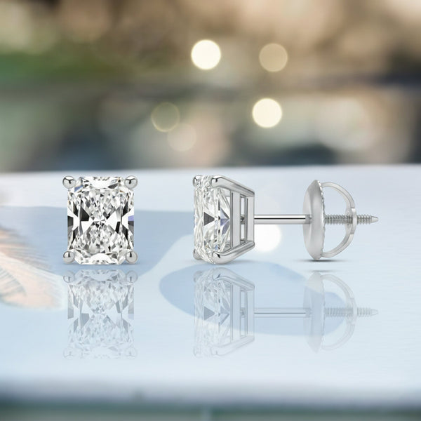 GEMHUB 3 Ct Radiant Lab Created Diamond Earrings in 14K White Gold with Screw Backs. IGI Certified.