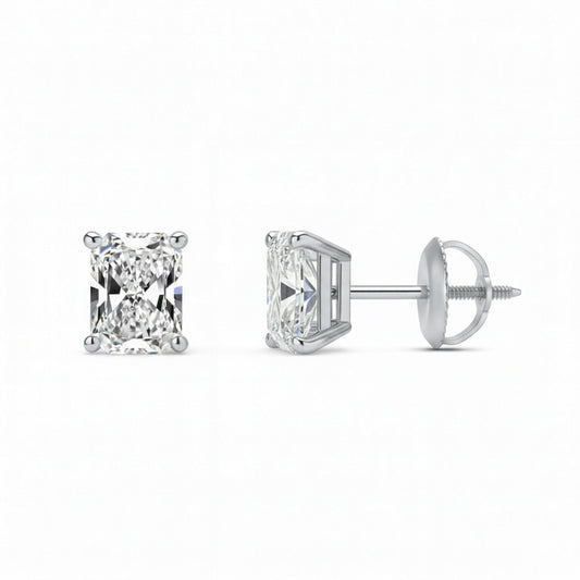 GEMHUB 1 Ct Radiant Lab Created Diamond Earrings in 14K White Gold with screw backs.