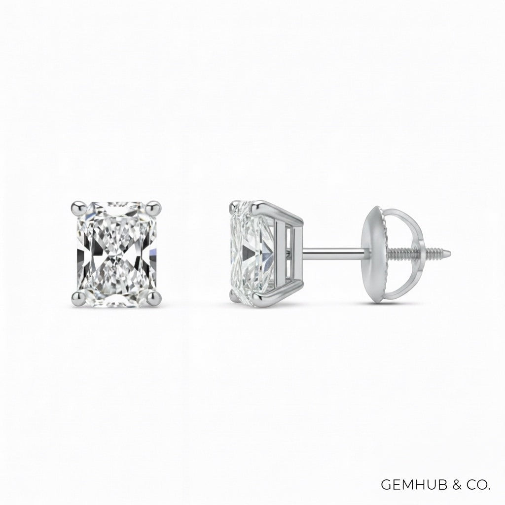 GEMHUB Radiant cut lab-grown diamond stud earrings in 950 platinum with screw backs, 3 ctw, F/VS clarity.