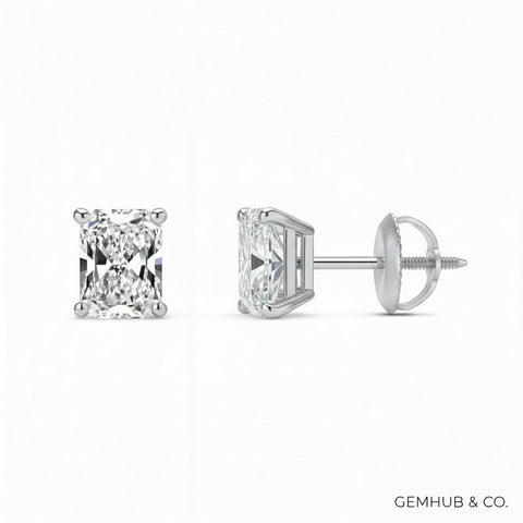 GEMHUB Radiant cut lab-grown diamond stud earrings in 950 platinum with screw backs, 3 ctw, F/VS clarity.