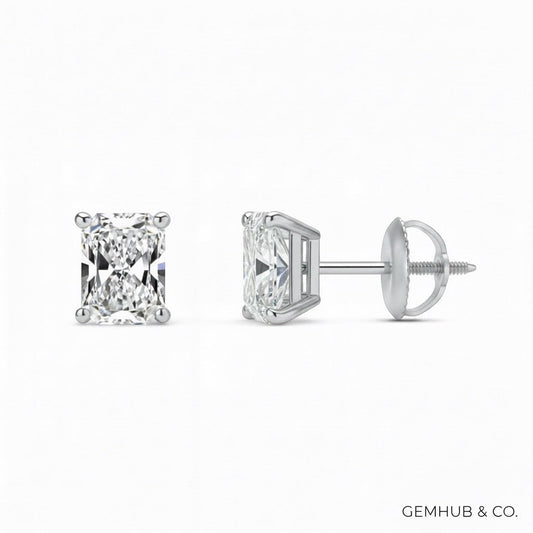 GEMHUB Radiant cut lab-grown diamond stud earrings in 950 platinum with screw backs, 3 ctw, F/VS clarity.