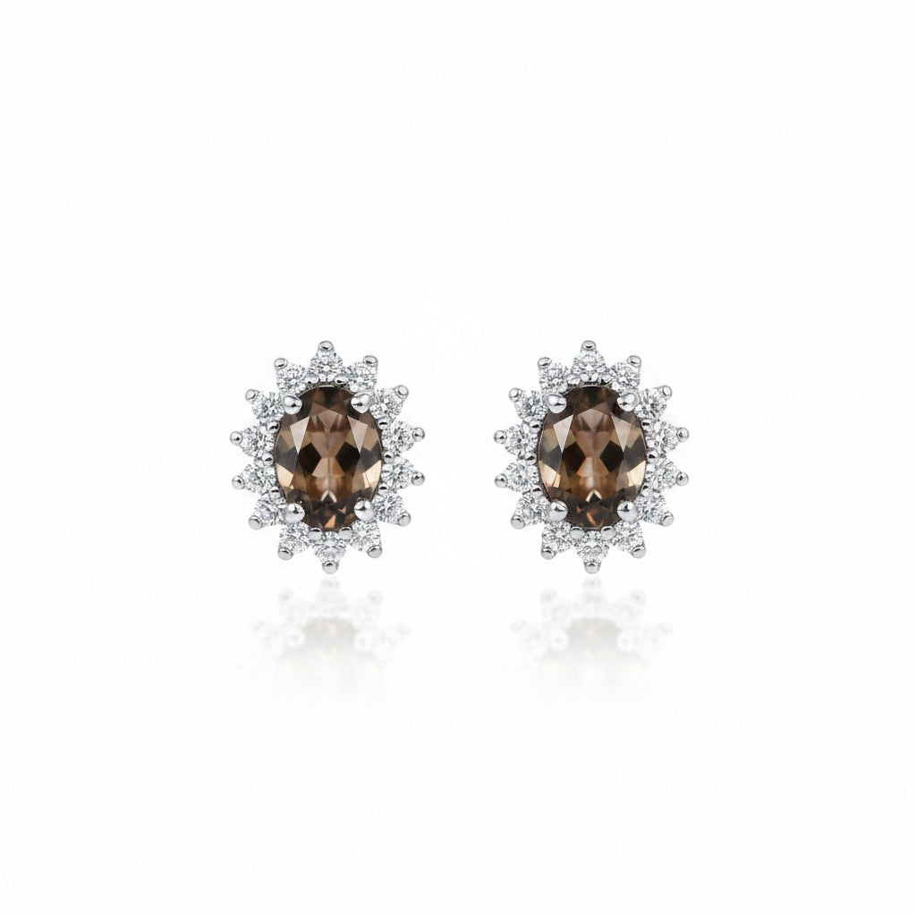 GEMHUB 10 Ct oval cut smoky topaz earrings with halo of white stones in 925 sterling silver.