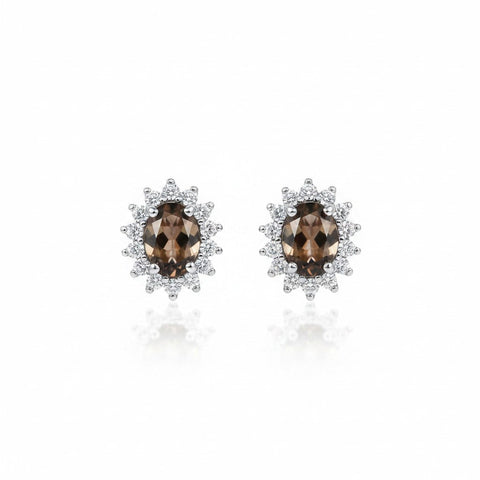 GEMHUB 10 Ct oval cut smoky topaz earrings with halo of white stones in 925 sterling silver.