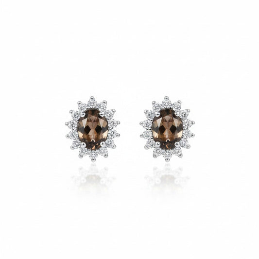 GEMHUB 10 Ct oval cut smoky topaz earrings with halo of white stones in 925 sterling silver.