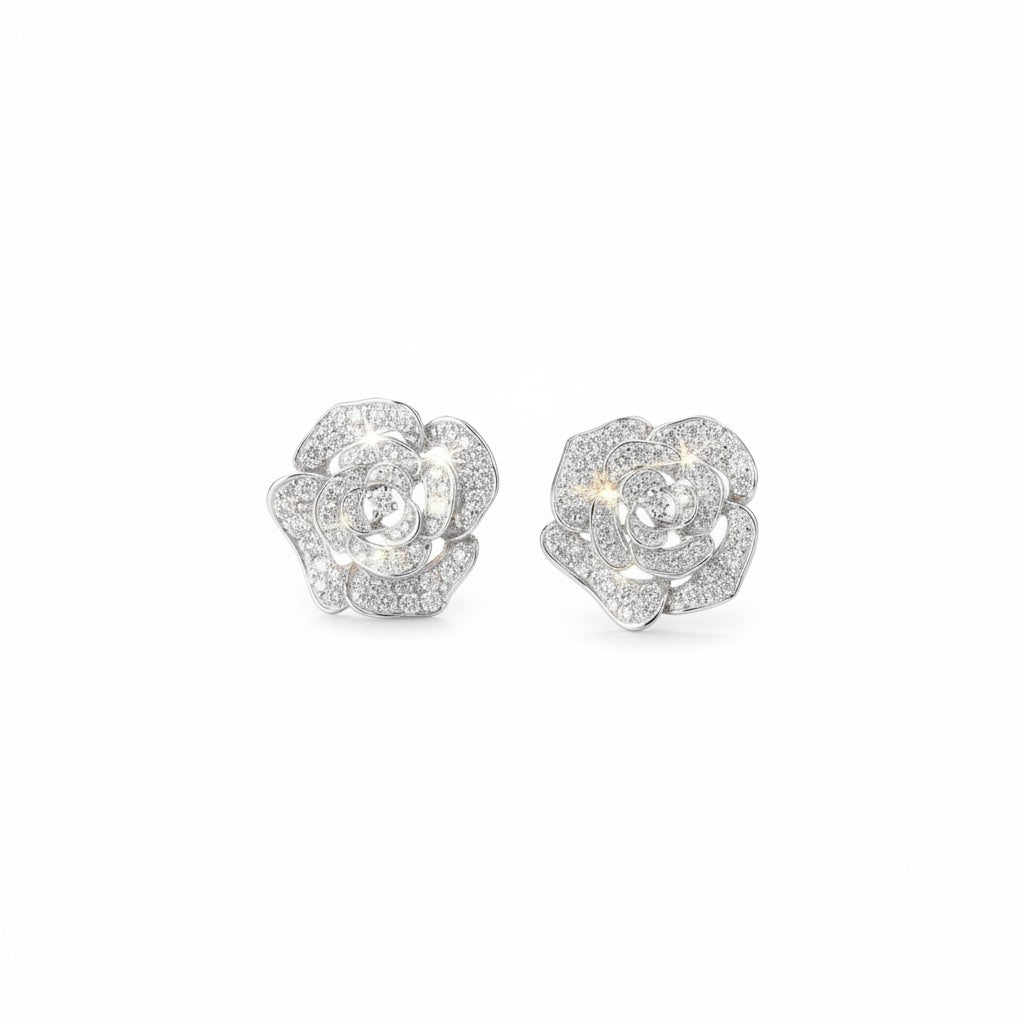 GEMHUB white gold rose cluster diamond stud earrings, 1.04ct GH/SI round natural diamonds.