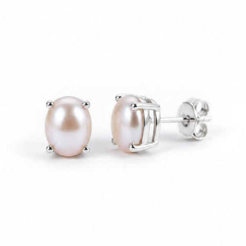 GEMHUB 10 Ct natural white oval pearl earrings in 925 sterling silver with screw back closure.