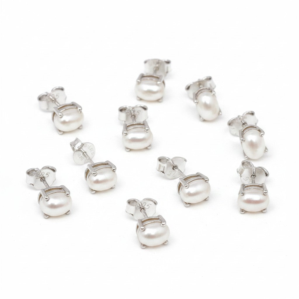 GEMHUB 5 pairs of white pearl stud earrings with 925 sterling silver settings. Natural, pear-cut pearls.