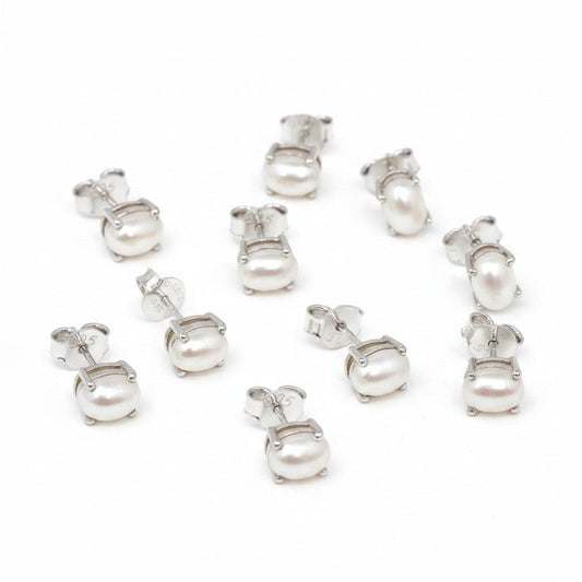 GEMHUB 5 pairs of white pearl stud earrings with 925 sterling silver settings. Natural, pear-cut pearls.
