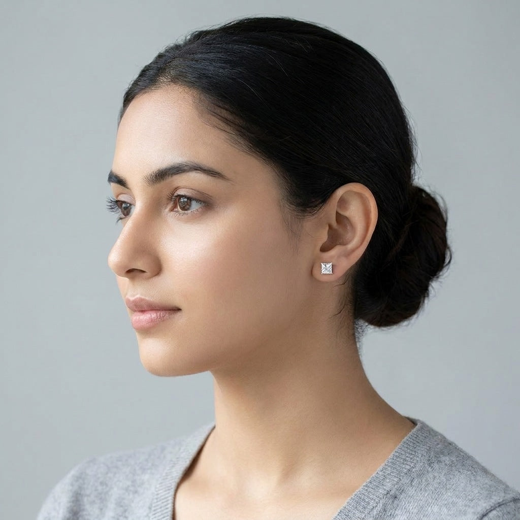 Princess cut lab-grown diamond stud worn on the ear