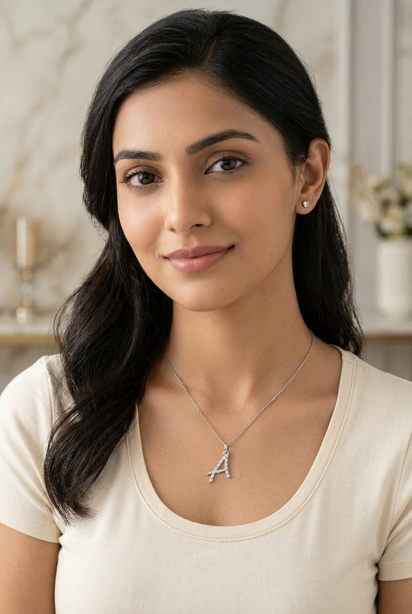 GEMHUB model wearing initial A pendant