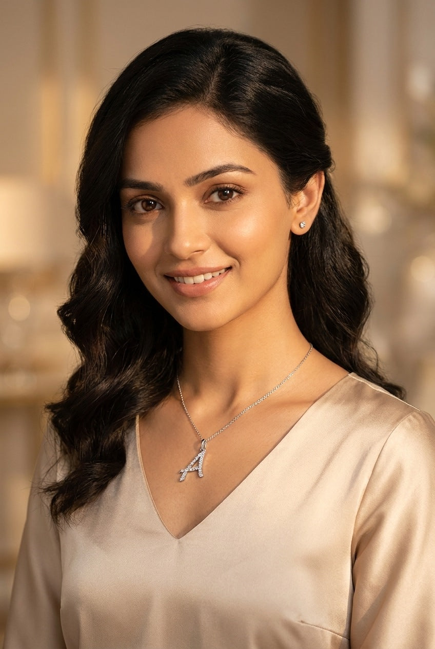 GEMHUB model wearing initial A pendant