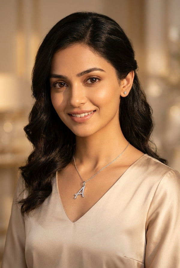 GEMHUB model wearing initial A pendant