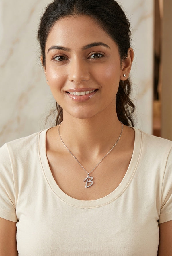 GEMHUB model wearing initial B pendant