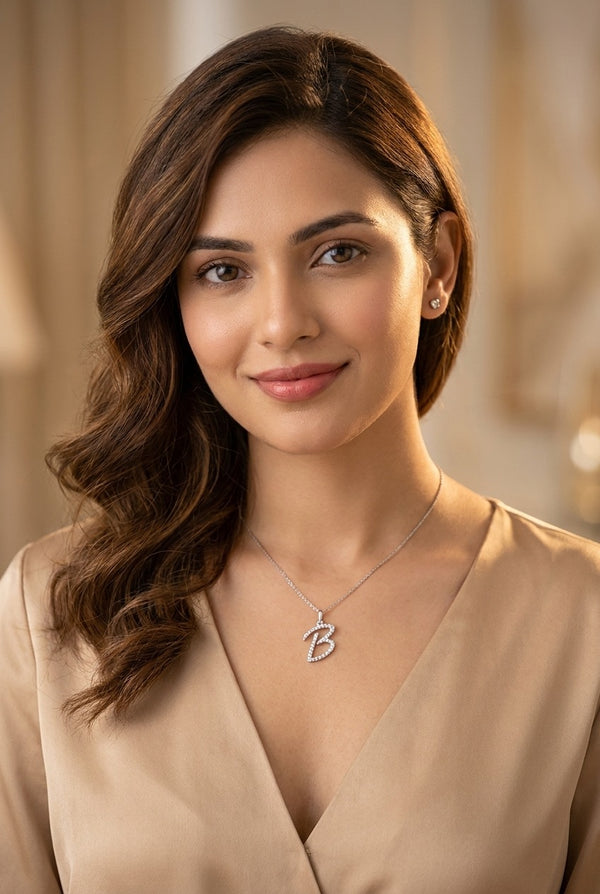 GEMHUB model wearing initial B pendant