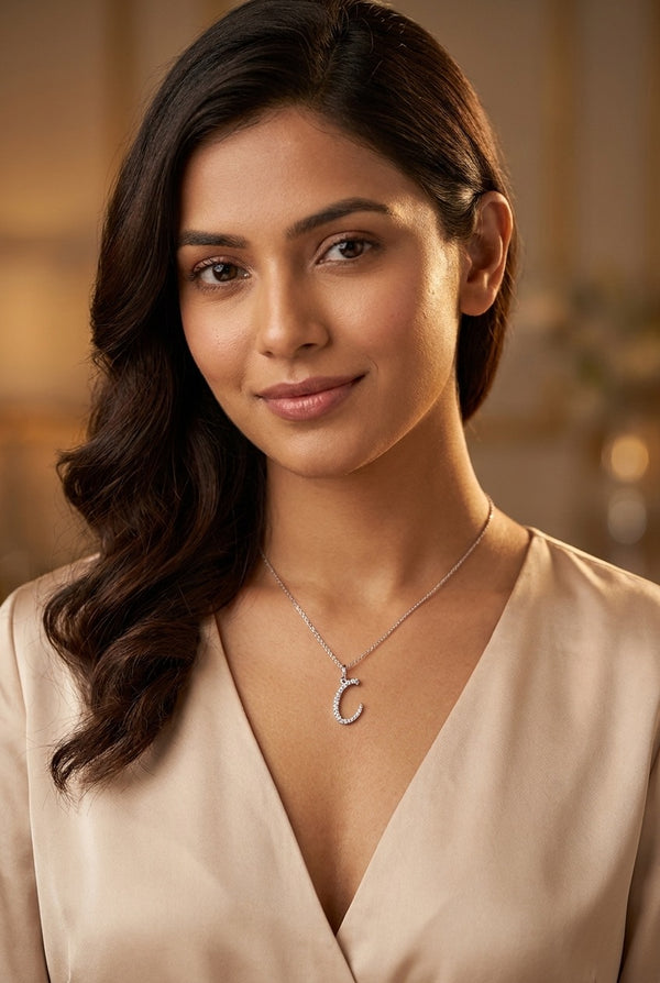 GEMHUB model wearing initial C pendant