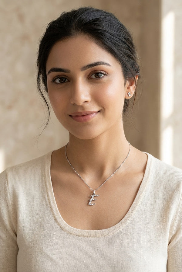 GEMHUB model wearing initial E pendant