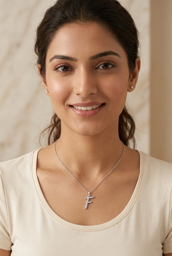 GEMHUB model wearing initial F pendant