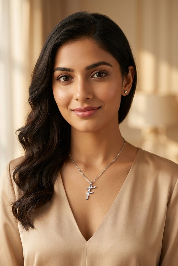 GEMHUB model wearing initial F pendant