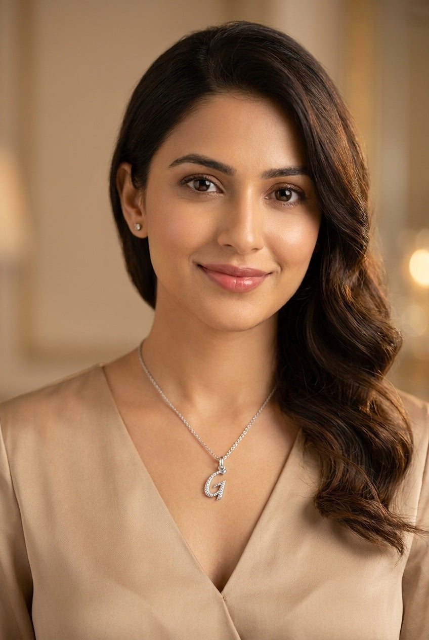 GEMHUB model wearing initial G pendant