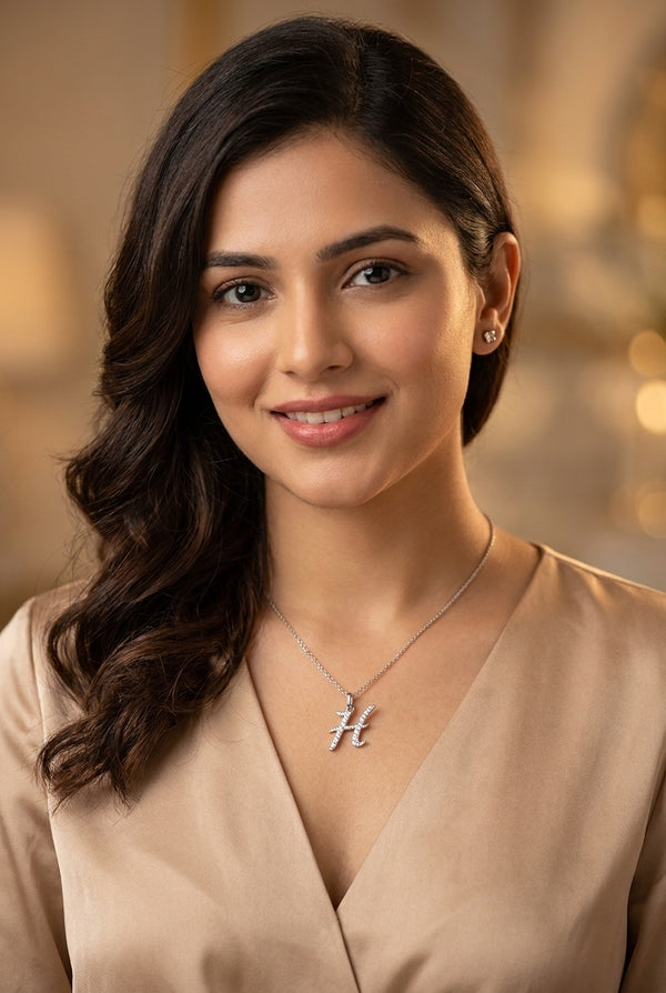 GEMHUB model wearing initial H pendant