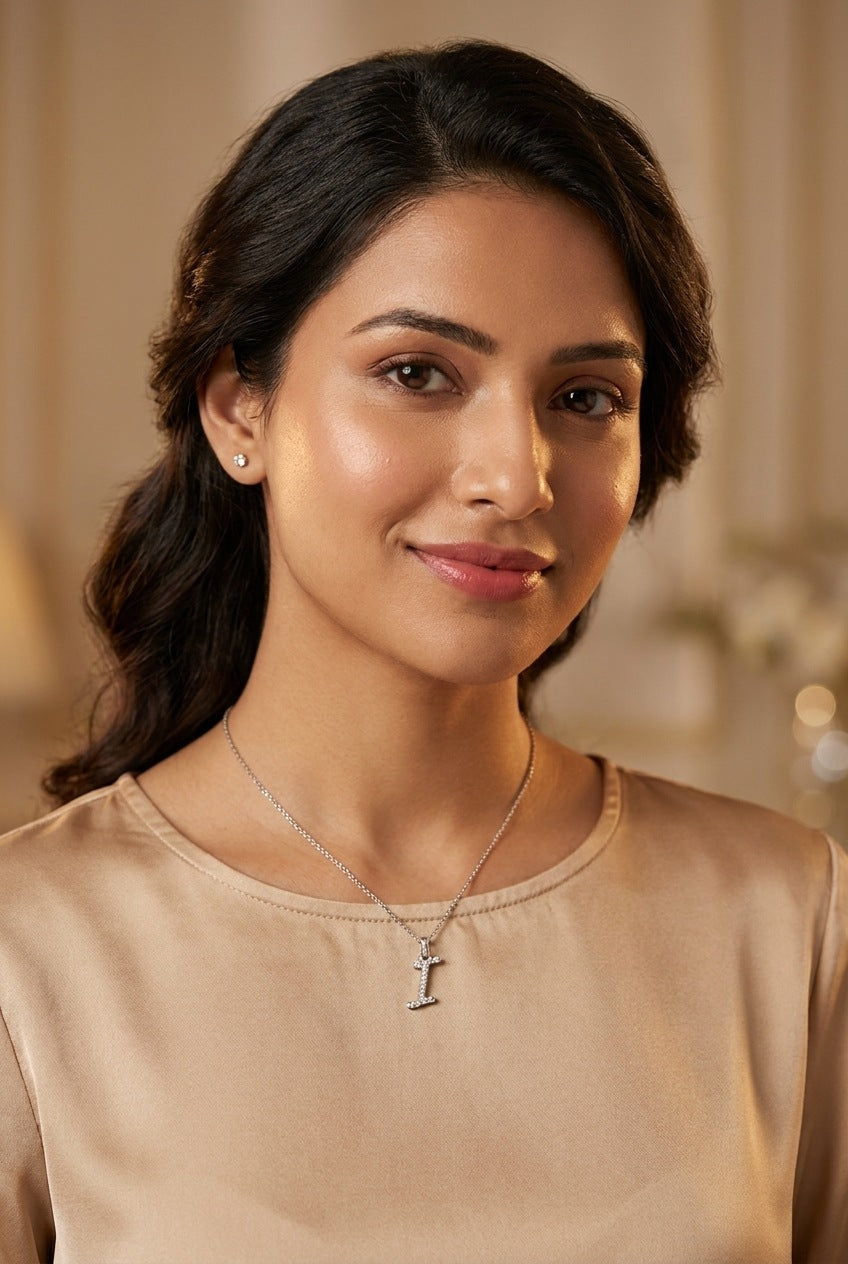 GEMHUB model wearing initial I pendant