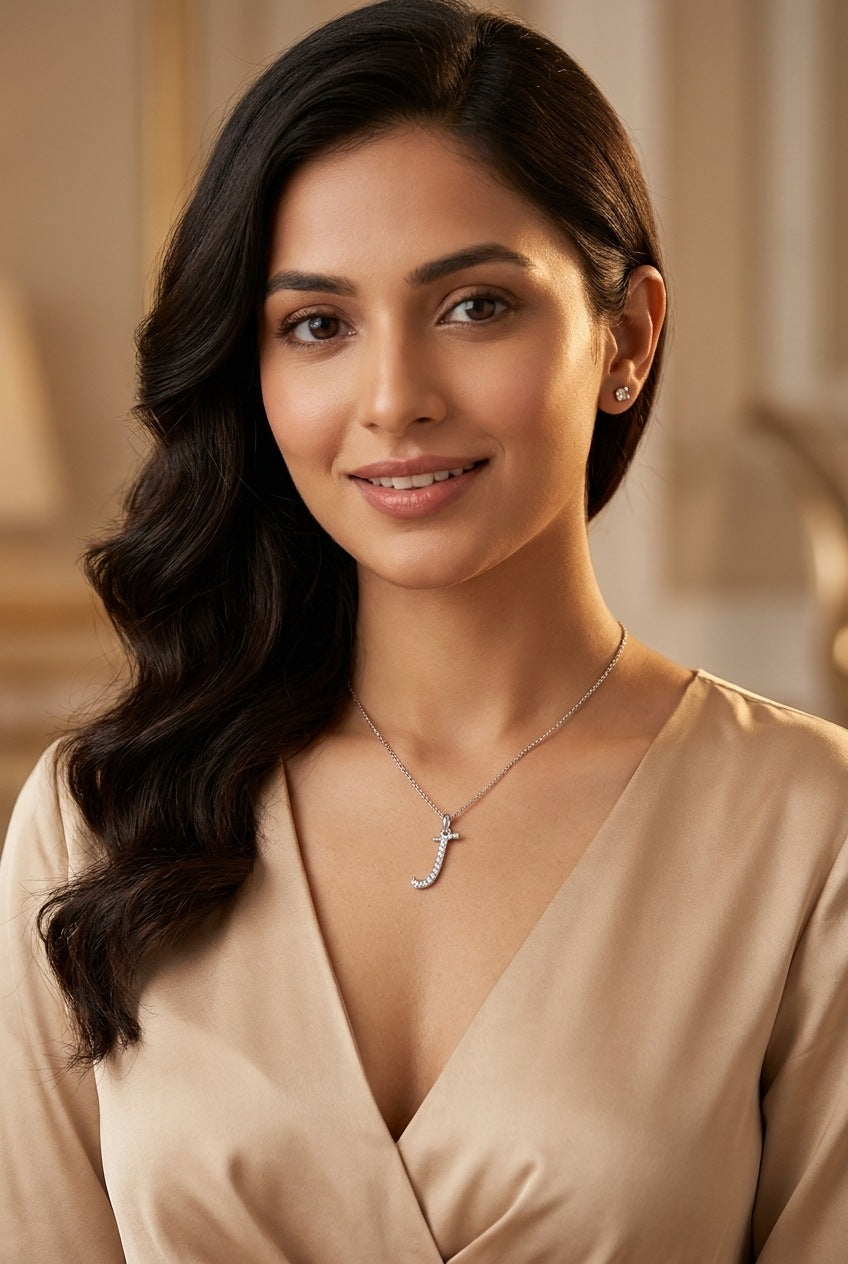 GEMHUB model wearing initial J pendant