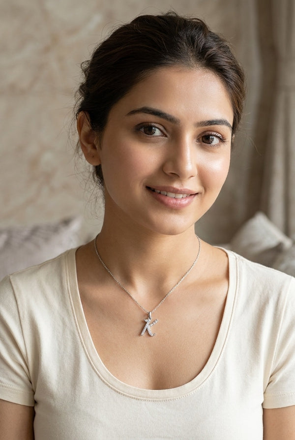 GEMHUB model wearing initial K pendant