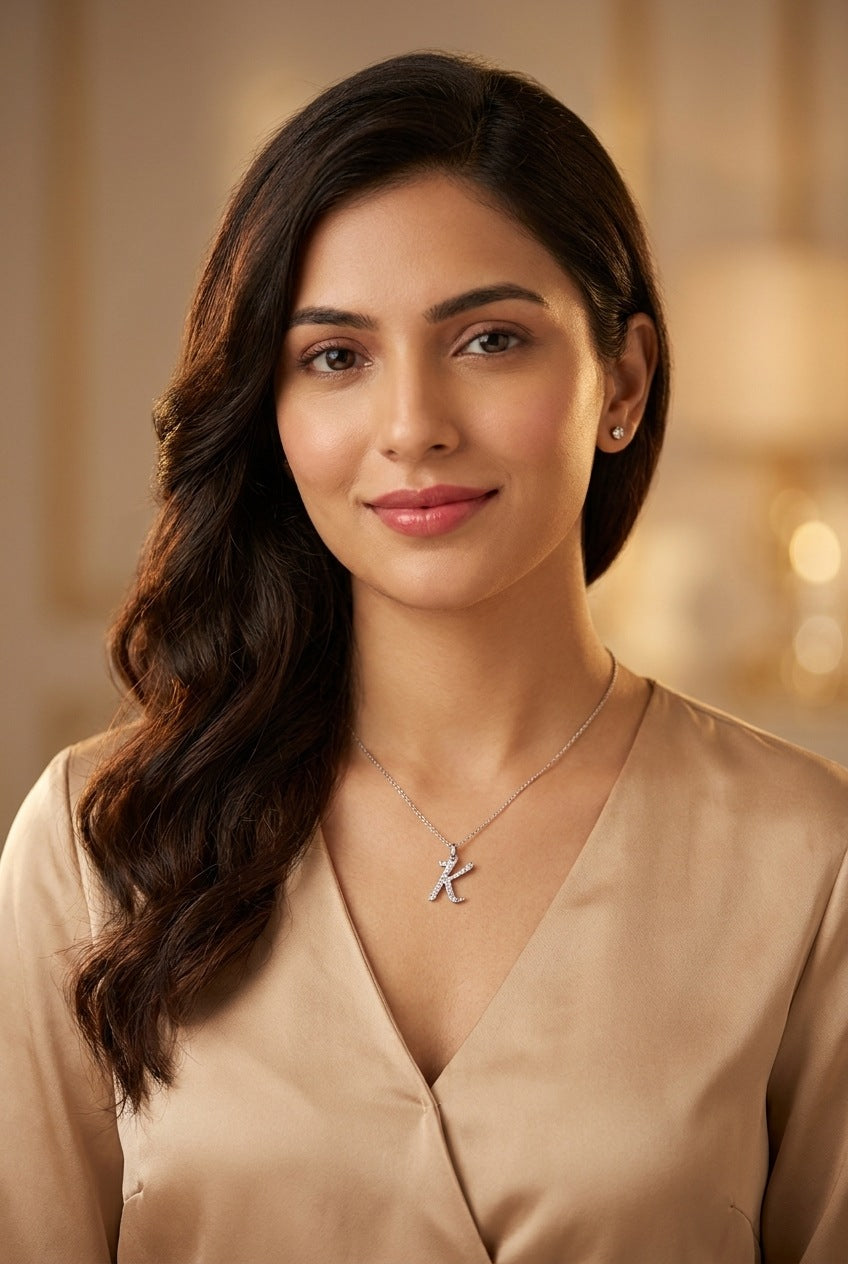 GEMHUB model wearing initial K pendant