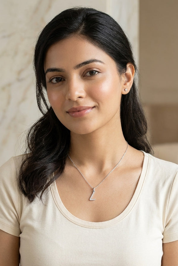 GEMHUB model wearing initial L pendant