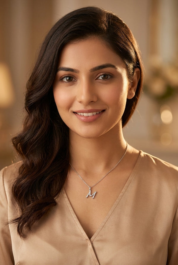 GEMHUB model wearing initial M pendant
