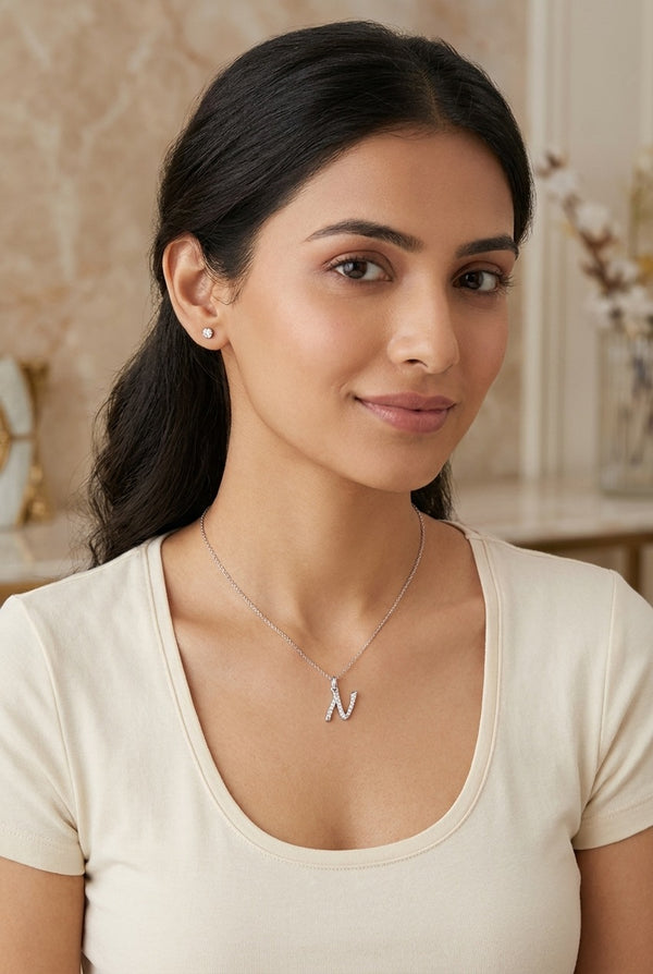 GEMHUB model wearing initial N pendant