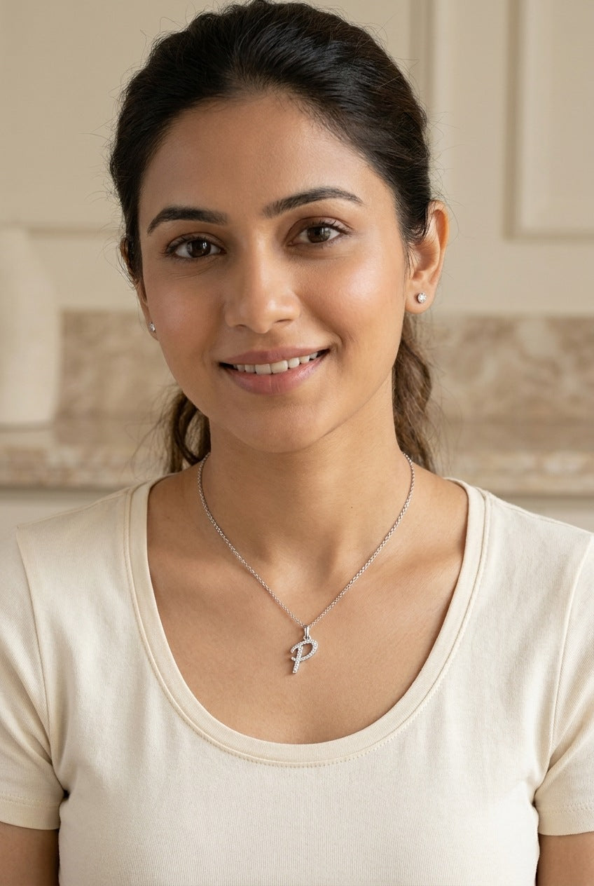 GEMHUB model wearing initial P pendant