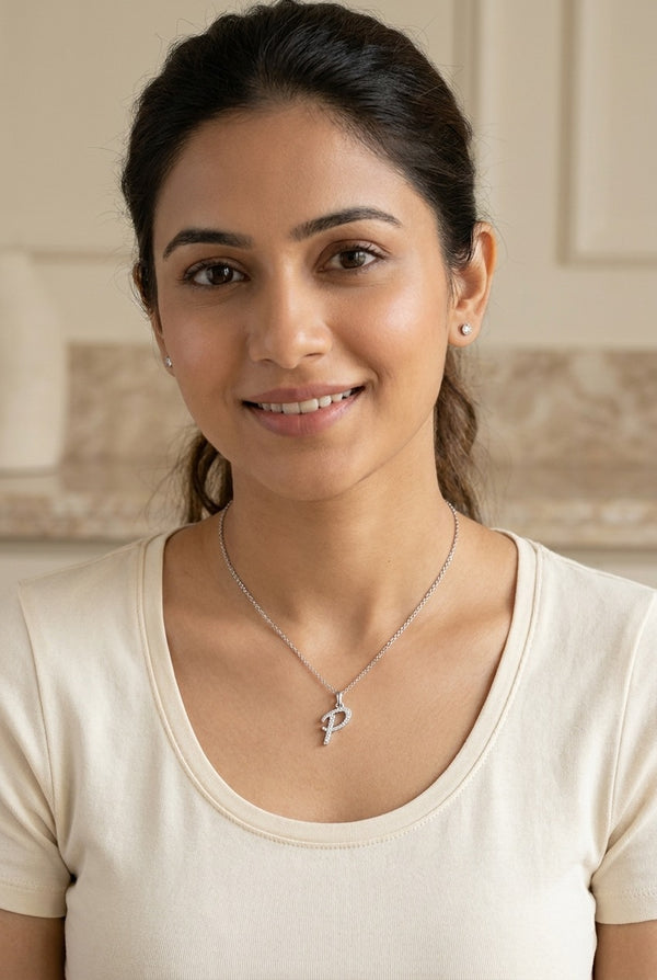 GEMHUB model wearing initial P pendant